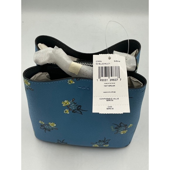 Coach Mini Town Bucket Bag Blue Multi Floral Bow Print Crossgrain Leather C7974 - Picture 3 of 15